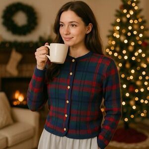 Crystal Kobe Cardigan Sweater‎ Womens S/P Plaid Tartan Gold Button Preppy Retro